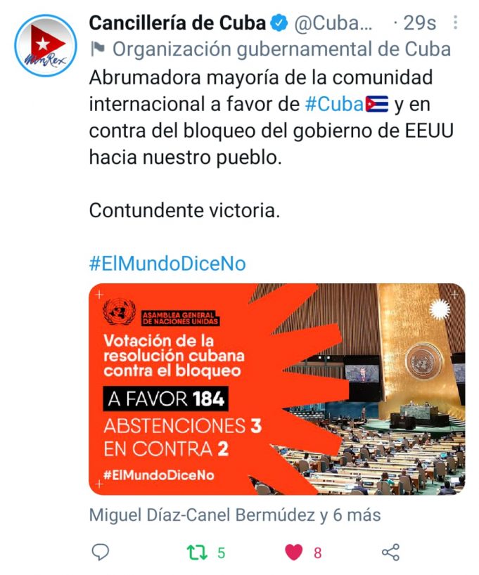 Las Naciones Unidas rechazan el Bloqueo de EEUU contra Cuba.