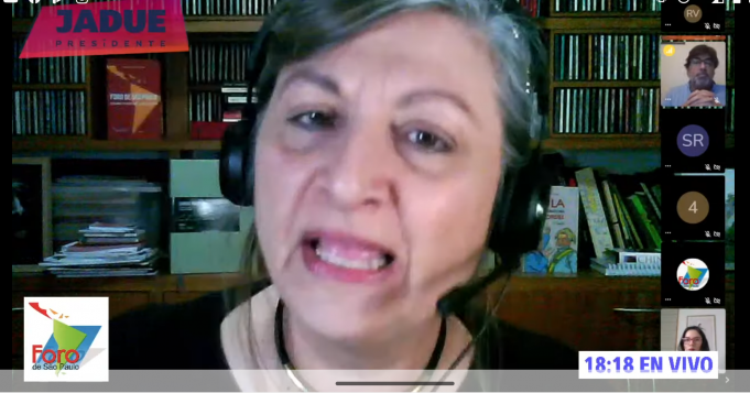 Mónica Valente del Foro de Sao Paulo presenta encuentro con Daniel Jadue, candidato presidencial del pueblo y la izquierda chilena.