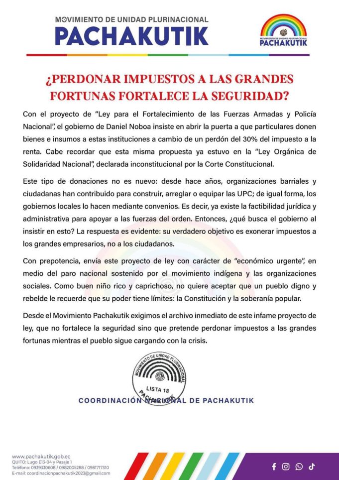 El movimiento Pachakutik rechazó el proyecto de Ley para el Fortalecimiento de las Fuerzas Armadas y la Policía Nacional