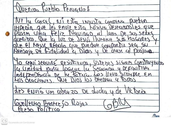 PERÚ: EL COMPAÑERO GUILLERMO BERMEJO ENVÍA MENSAJE POR NAVIDAD DESDE LA PRISIÓN