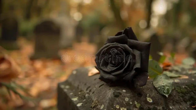 rosa-negra-en-la-lápida-que-representa-muerte-y-el-recuerdo-una-sola-descansa-sobre-un-cementerio-simboliza-rodeado-de-hojas-329324578
